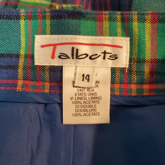 Vintage 90s Talbots Size 14 Linen Green Blue Clueless Preppy Plaid Pencil Skirt - Picture 12 of 12